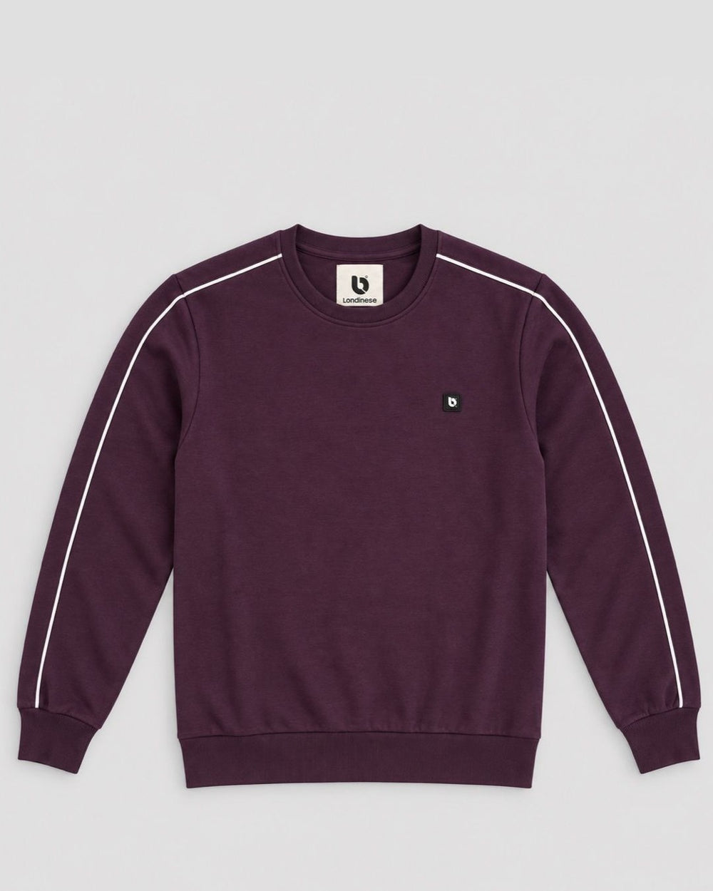 Londinese Marshall Crew, felpa girocollo prugna (Plum) con piping bianco sulle maniche, vista frontale