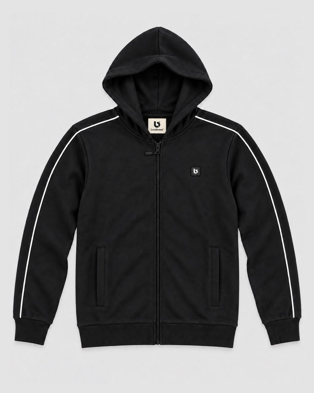 Londinese Marshall Fz, felpa con zip e cappuccio nera (Black) con piping bianco sulle maniche, vista frontale