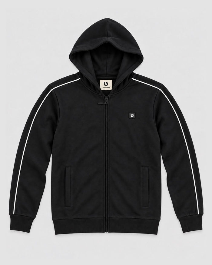 Londinese Marshall Fz, felpa con zip e cappuccio nera (Black) con piping bianco sulle maniche, vista frontale