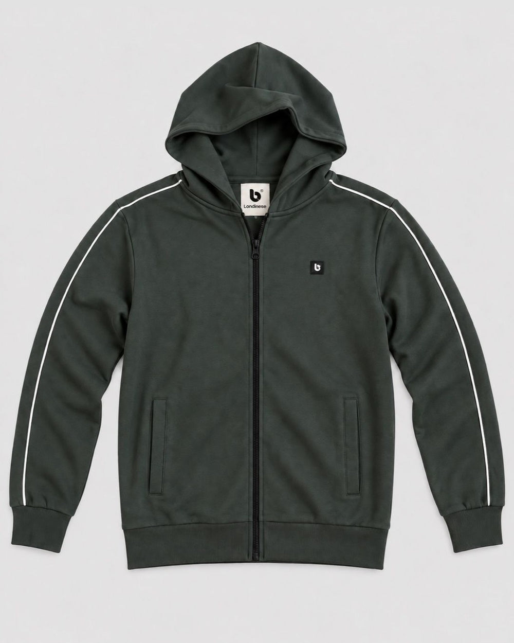 Londinese Marshall Fz, felpa con zip e cappuccio verde scuro (Hunter) con piping bianco sulle maniche, vista frontale