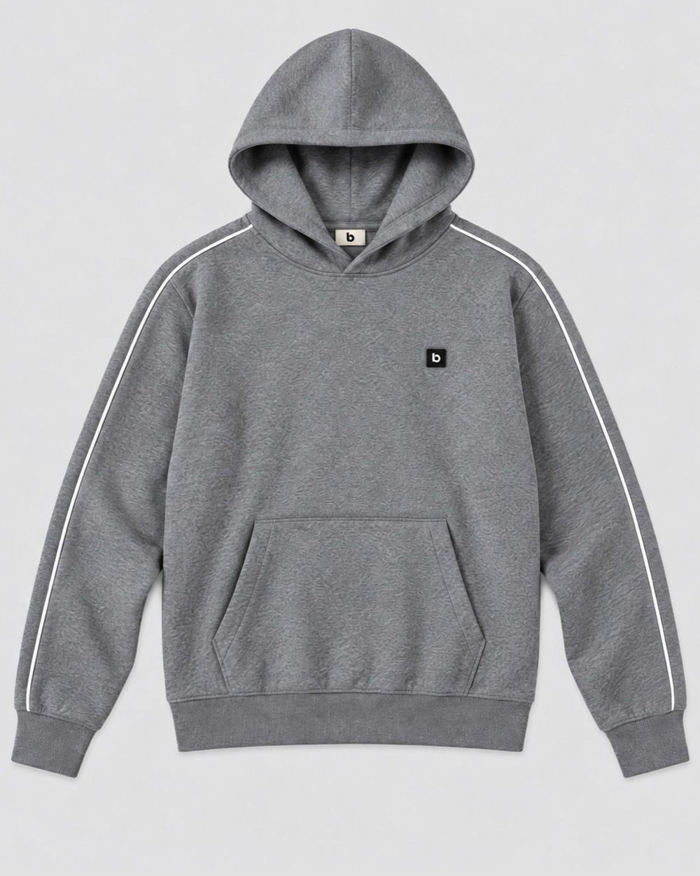 Londinese Marshall Hoodie, felpa con cappuccio grigia (Ash) con piping bianco sulle maniche, vista frontale