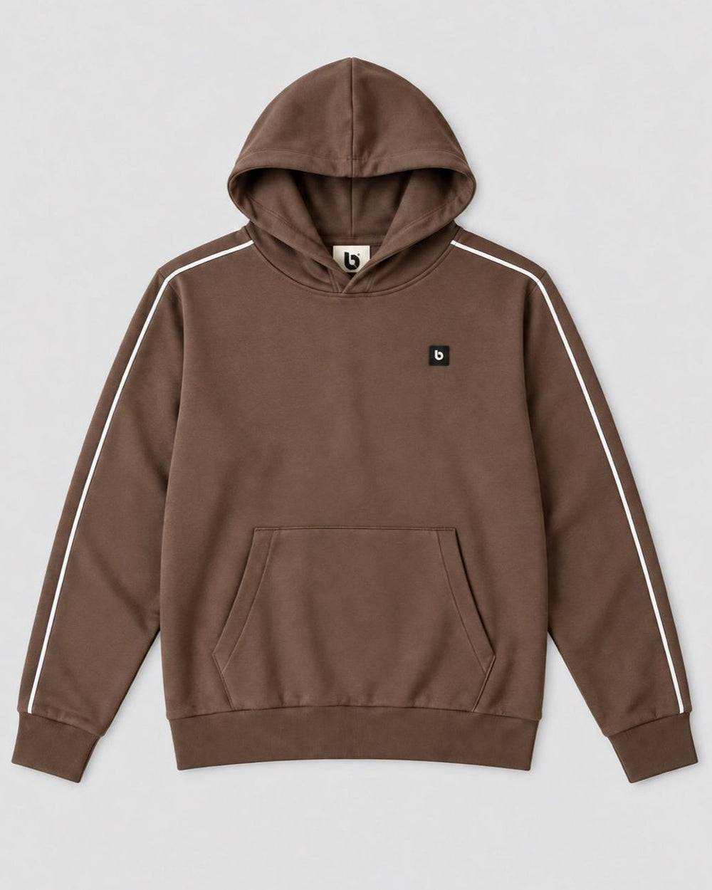 Londinese Marshall Hoodie, felpa con cappuccio marrone moka (Mocha) con piping bianco sulle maniche, vista frontale