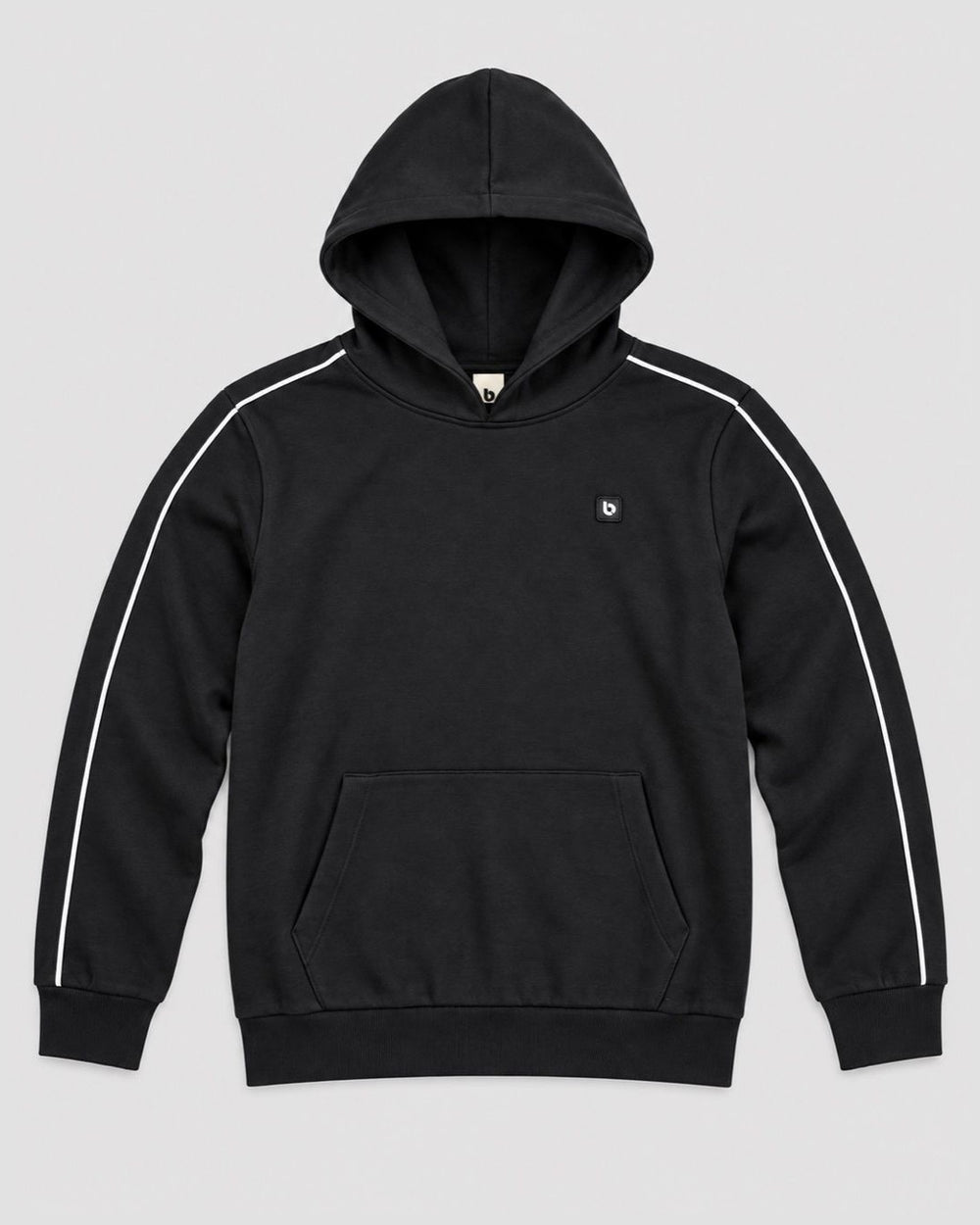 Londinese Marshall Hoodie, felpa con cappuccio nera (Black) con piping bianco sulle maniche, vista frontale