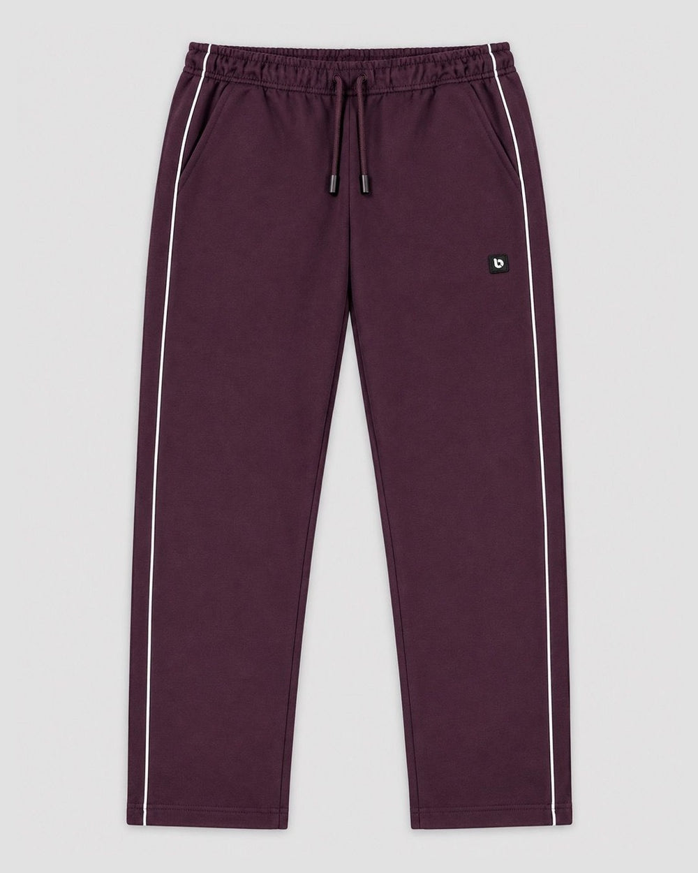 Londinese Marshall Pant, pantalone in felpa prugna (Plum) con piping bianco sulle gambe, vista frontale