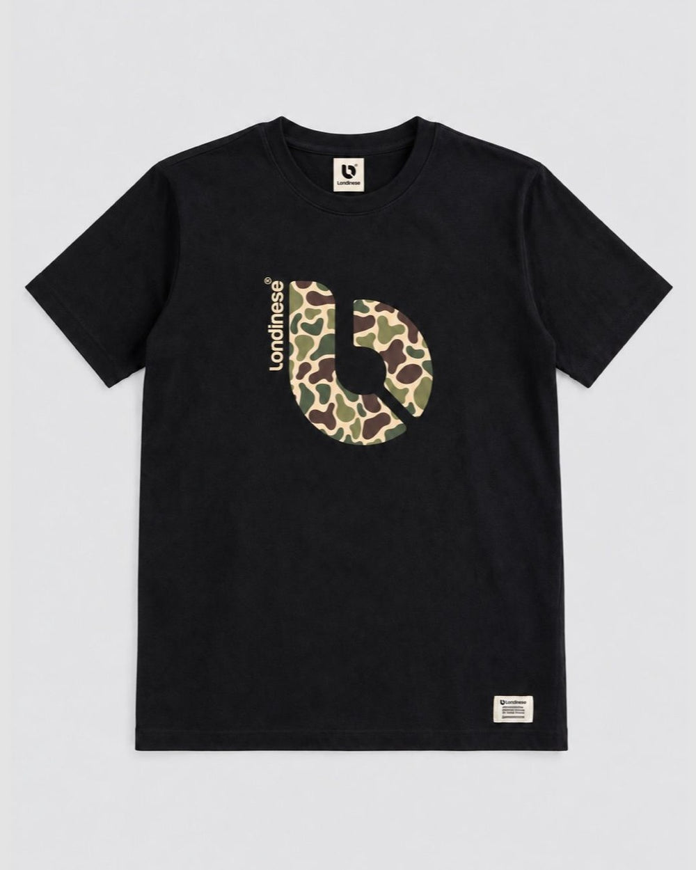 Londinese Origin, t-shirt nera (Black) con logo in camouflage, vista frontale