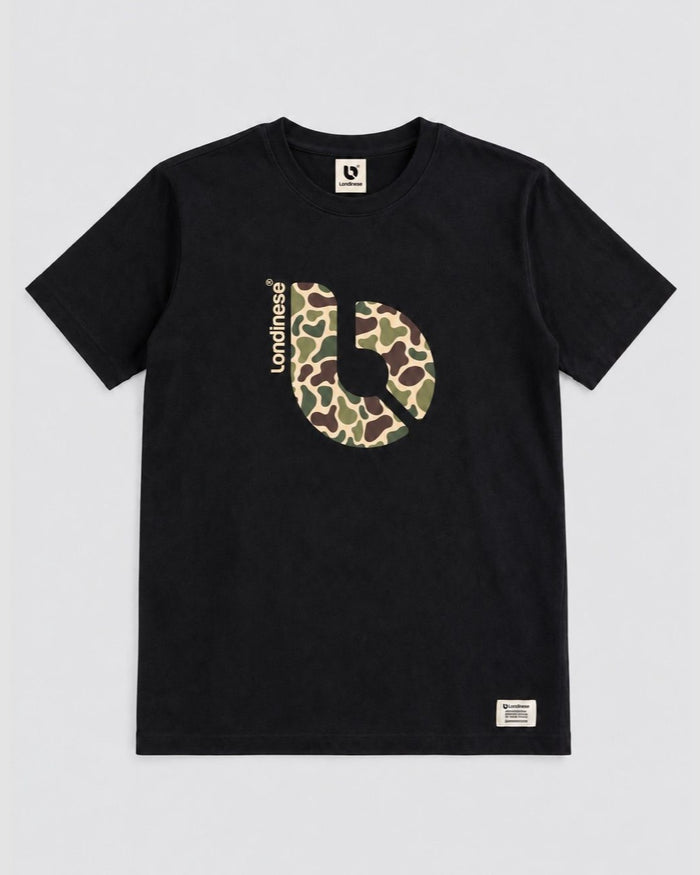 Londinese Origin, t-shirt nera (Black) con logo in camouflage, vista frontale