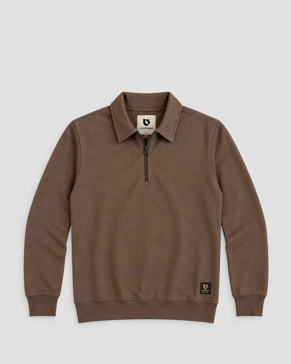 Londinese Quarter Zip, felpa mezza zip marrone moka (Mocha) con colletto con zip, vista frontale