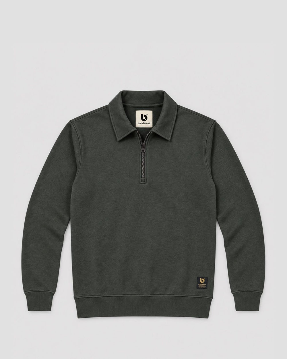 Londinese Quarter Zip, felpa mezza zip verde scuro (Hunter) con colletto con zip, vista frontale