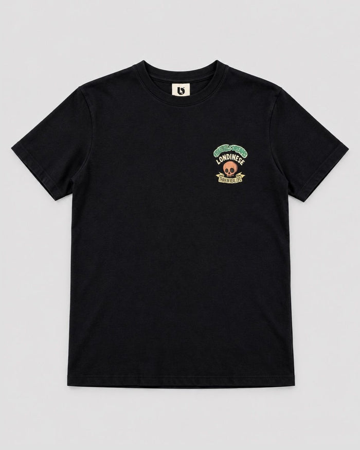 Londinese Tomb, t-shirt nera (Black) con stampe skull davanti e dietro, vista frontale