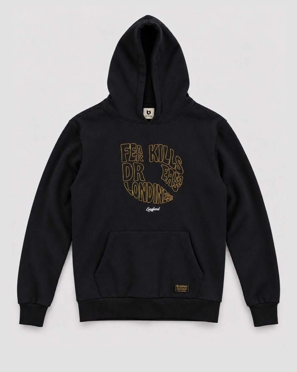 Londinese Vortex, felpa con cappuccio nera (Black) con grafica Fear Kills Dreams, vista frontale