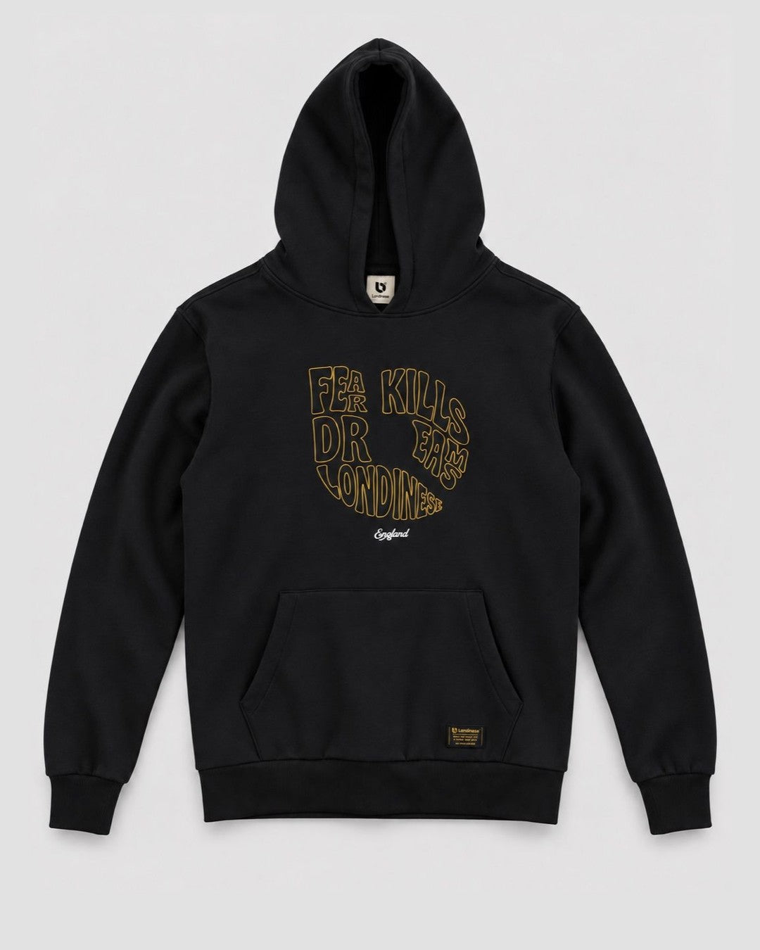 Londinese Vortex, felpa con cappuccio nera (Black) con grafica Fear Kills Dreams, vista frontale