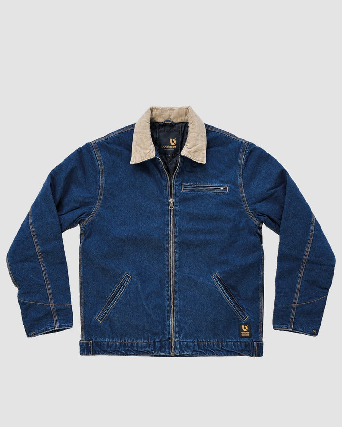 Londinese Walker, giubbotto in denim con imbottitura e collo in velluto, vista frontale